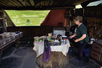 Georgia, Kakheti, Tusheti National Park, village of Shenako, Eliko in her summer kitchen at the guesthouse Shenako