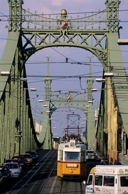 Hungary, Budapest, tram on Liberty bridge on the Danube linking Buda to Pest
