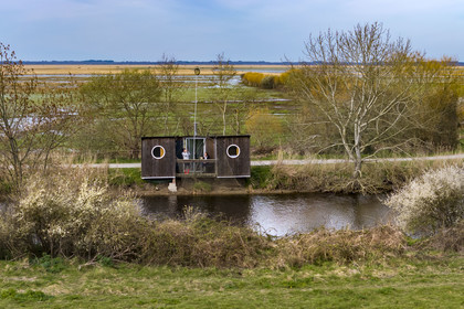France, Loire-Atlantique, Parc Naturel Regional de la Briere (Briere Natural Regional Park), Saint Malo de Guersac,   cabin cottage The Twin Fisheries (aerial view)