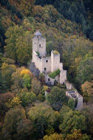 France, Bas Rhin, Bernstein Castle in the Vosges forest (aerial view)