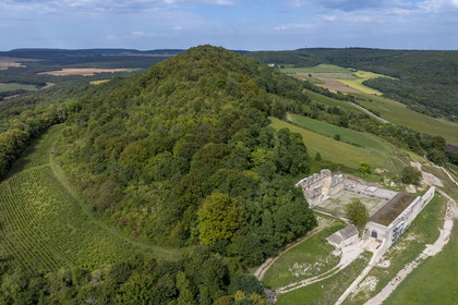 France, Côte-d'Or (21), Curtil-Vergy, ruines de l'abbaye Saint-Vivant de Vergy, ancien prieuré clunisien (vue aérienne)
