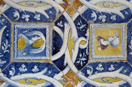 France, Indre et Loire, Chateau de Chenonceau of Renaissance style built between 1513 and 1522, floor tiles of the guardroom