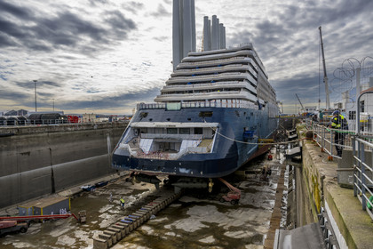 France, Loire-Atlantique, Saint-Nazaire, construction of the luxury superyacht Ritz-Carlton Luminara in the Joubert dry dock form