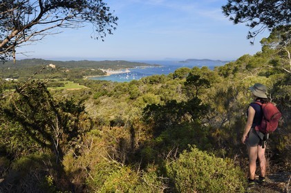 France, Var, Iles d'Hyeres, Parc National de Port Cros (National park of Port Cros), Porquerolles island, the Courtade plain vineyards and the port overlooked by the Fort Sainte Agathe