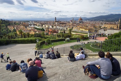 Italy, Tuscany, Florence, listed as World Heritage by UNESCO, Michelangelo esplanade (Piazzale Michelangelo), general view with the Palazzo Vecchio, the Vecchio bridge and the Duomo