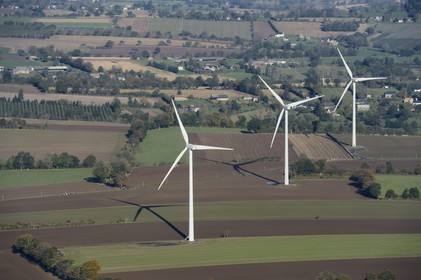 France, Orne, wind turbines in Moncy fields (aerial view)