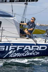 France, Vendee, Les Sables d'Olonne, skipper Manuel Cousin training on his 60-foot monohull sailboat IMOCA Coup de Pouce