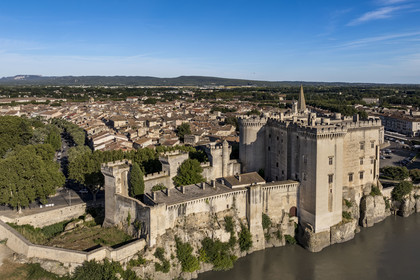 France, Bouches du Rhone, Tarascon, the 15th century castle of King René on the banks of the Rhone river (aerial view)
