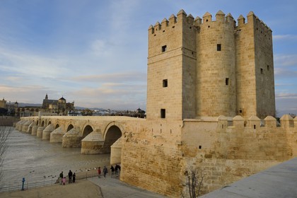 Spain, Andalusia, Cordoba, historical center listed as World Heritage by UNESCO, the Calahorra Tower, the 1st century BC Roman bridge over Guadalquivir river and the Mosque Cathedral in the background