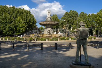 France, Bouches du Rhone, Aix en Provence, Place de la Rotonde, statue of Paul Cezanne and Rotonde fountain