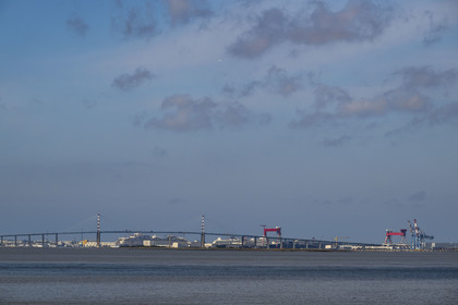 France, Loire Atlantique, Estuaire de la Loire,  the Saint-Nazaire bridge and the Chantiers de l’Atlantique