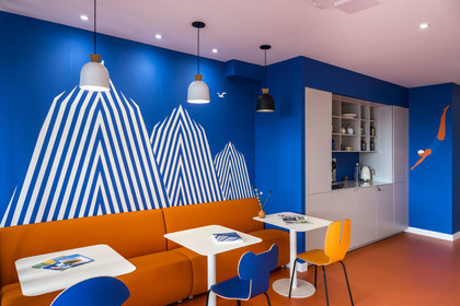 France, Charente-Maritime, Royan, the colorful Hotel Seakub with 1950s architecture