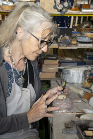 France, Vaucluse, Dentelles de Montmirail mountains, the medieval village of Séguret, labelled Les Plus Beaux Villages de France (The Most Beautiful Villages of France), workshop of Kti Sias who creates ceramic jewelry