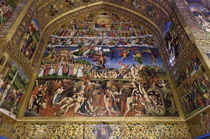 Iran, Isfahan Province, Isfahan, New Julfa Armenian district (Nor Djoura), Holy Savior Cathedral also known as Vank Cathedral, church of St. Joseph of Arimathea, Armenian fresco depicting Heaven, Earth and Hell