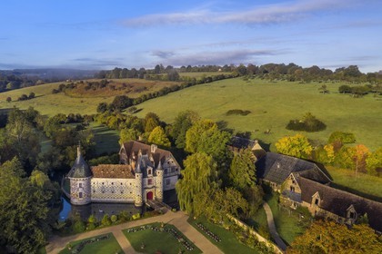 France, Calvados, Pays d'Auge, 15th and 16th century Saint Germain de Livet Castle labeled Museum of France (aerial view)