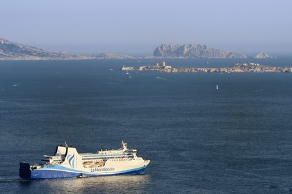 France, Bouches du Rhone, Marseille, ferry from La Meridionale going to Corsica, Archipelago of the Frioul Islands and the Chateau d'If in the background