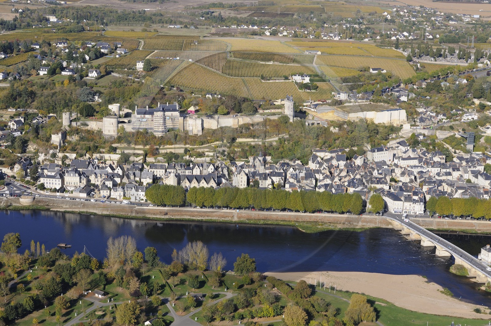 France, Indre et Loire, Loire valley listed as World Heritage by UNESCO, Chinon, its medieval castle and the Vienne river (aerial view)