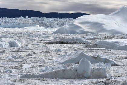 Groenland, cote ouest, baie de Disko, Ilulissat, fjord glacé classé Patrimoine Mondial de l'UNESCO qui est l’embouchure maritime du glacier Sermeq Kujalleq (Jakobshavn Glacier)