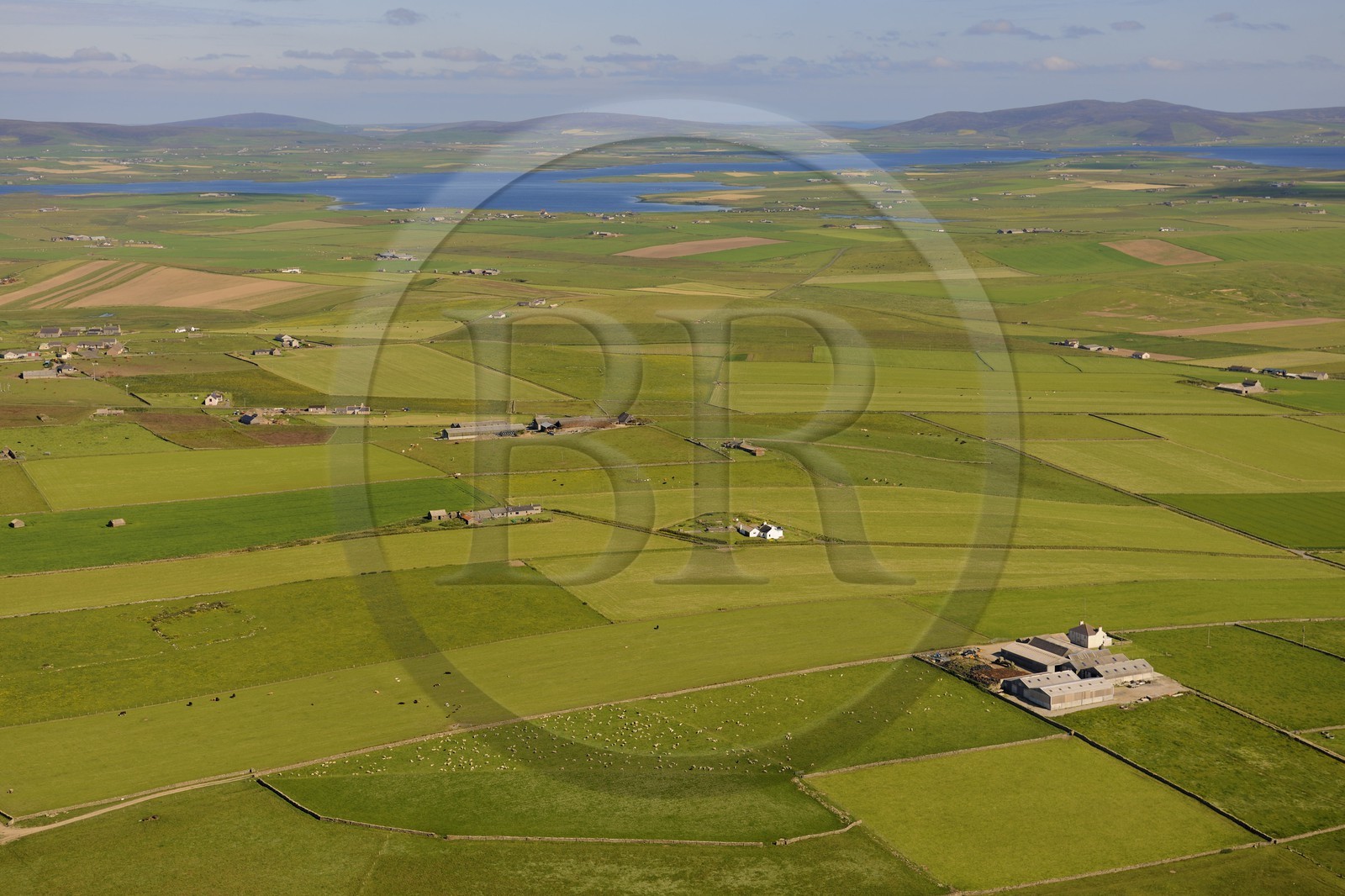 Royaume-Uni, Ecosse, Iles Orcades, Ile de Mainland, champs et fermes éparses sur la côte Est (vue aérienne)