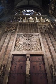 France, Bas Rhin, Strasbourg, old town listed as World Heritage by UNESCO, Notre Dame Cathedral, the big Rose Window of the western facade with a diameter of 13.60 m over the central portal