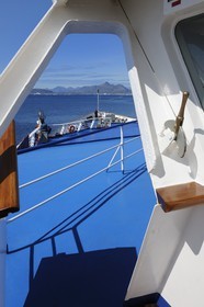 Greenland, Southern Region, Princess Danae cruise ship passing icebergs off Nanortalik