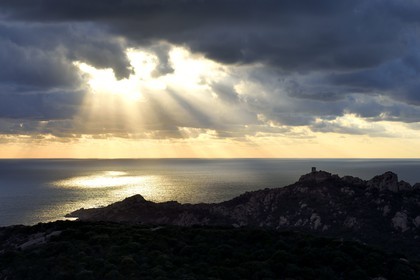 France, Corse du Sud, Cala de Roccapina natural site, genoese tower and Lion rock