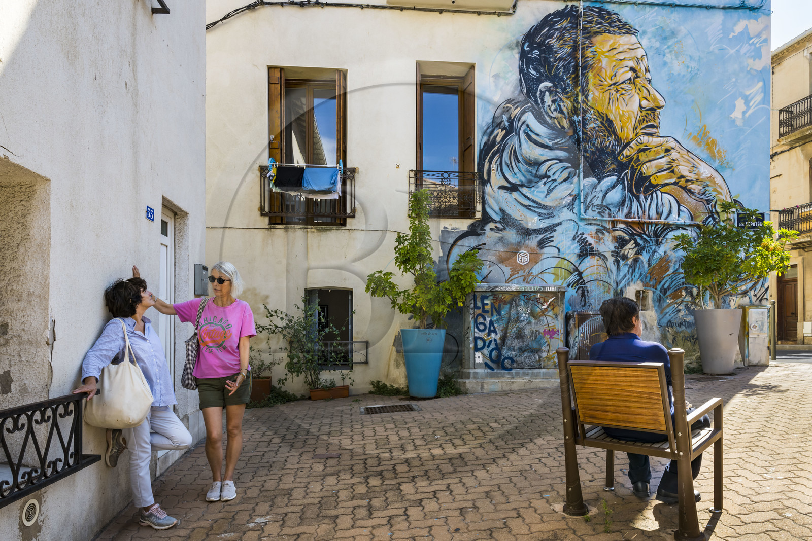 France, Hérault (34), Sète, le Quartier Haut, fresque murale qui fait parti du MACO - Musée à ciel ouvert, Le Penseur de Sète de l'artiste C215 dans la Rue des Députés