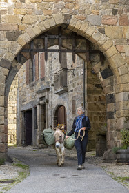 France, Haute-Loire (43), Pradelles, labelled Les Plus Beaux Villages de France (The Most Beautiful Villages of France), hiking with a donkey on the Robert Louis Stevenson Trail (GR 70) under the Besset portcullis gate