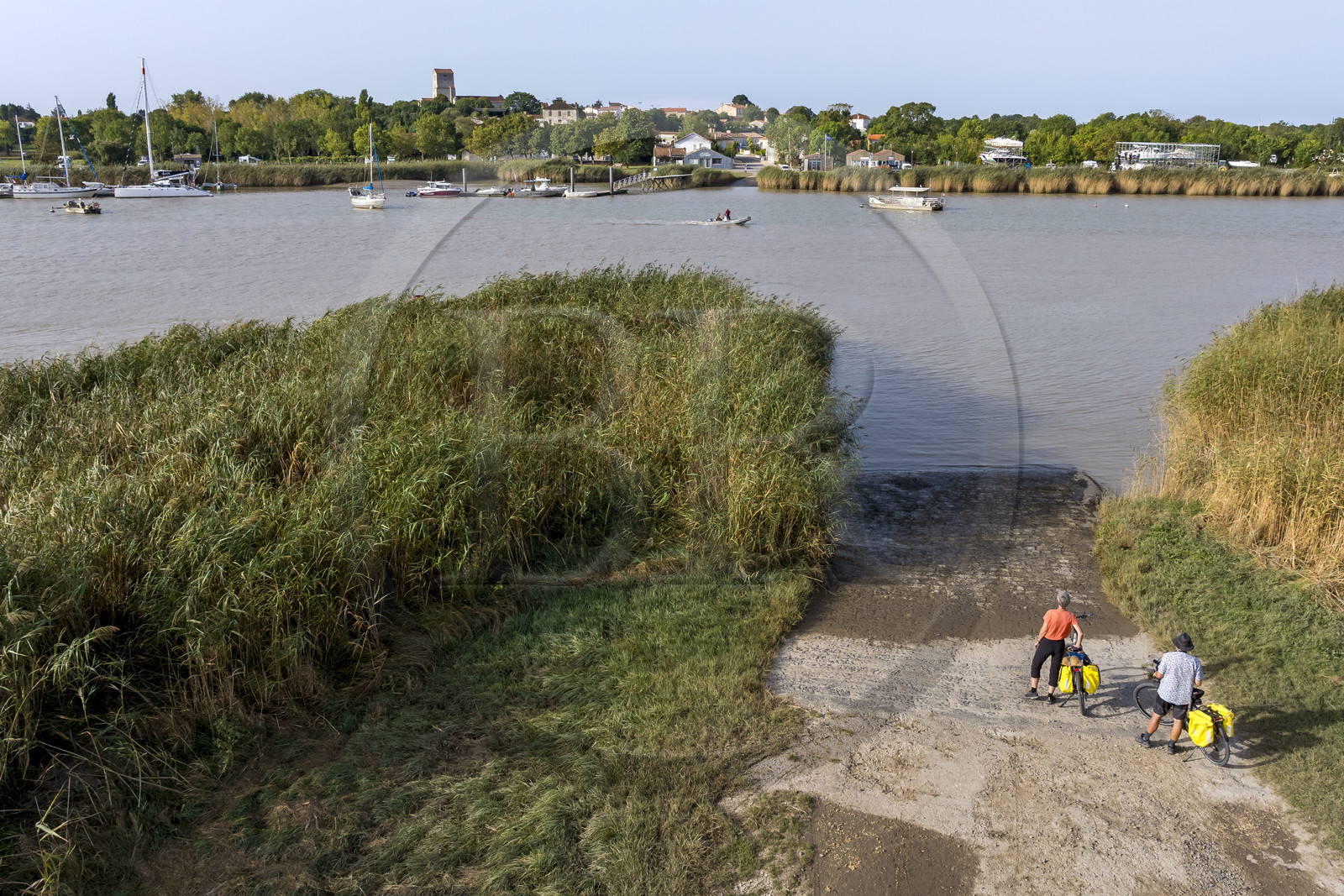France, Charente Maritime, Rochefort, the ferry crossing on the Charente river facing Soubise (aerial view)