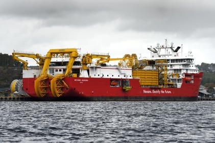 Norvège, comté d'Ostfold, Halden, navire cablier Nexans Aurora, navire de pose de cables électriques, de raccordement et de réparation de ces cables sous-marins