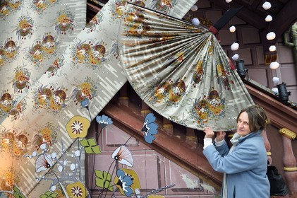 France, Haut Rhin, Mulhouse, City Hall, Marie-Jo Gebel creator of the official Christmas fabric of the city of Mulhouse, here that of 2021