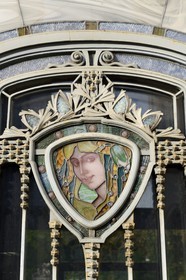 France, Meurthe-et-Moselle, Nancy, Ecole de Nancy Museum in the former estate of Eugene Corbin, stained glass window on the front door