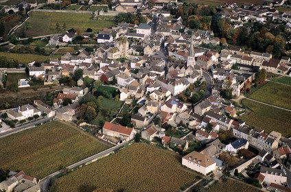 France, Côte-d'Or (21), ville de Meursault au cúur d'un des plus noble vignoble de vin blanc (vue aérienne)