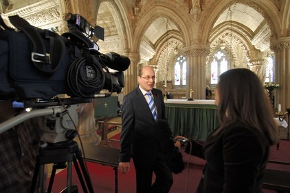 United Kingdom, Scotland, Midlothian, Roslin, Rosslyn Chapel, interview with the curator of the place
