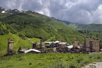 Georgia, Upper Svaneti (Zemo Svaneti), village of Ushguli, listed as World heritage by UNESCO, Svan defensive towers erected next to the houses of Murkmeli hamlet