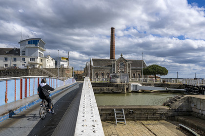 France, Loire Atlantique, Saint Nazaire, entrance to the south lock, swing bridge and harbor master's office facing the old elevator factory, location of Operation Chariot launched in 1942 by the British