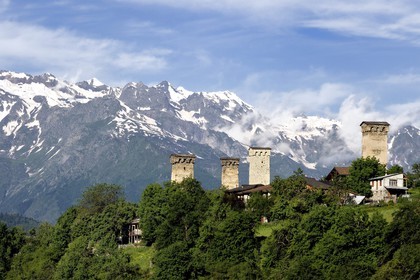 Georgia, Upper Svaneti (Zemo Svaneti), Mestia, Svan defensive towers erected next to the houses
