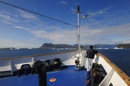 Greenland, Nanortalik Fjord, Princess Danae cruise ship moving between the icebergs