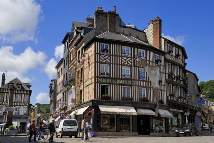 France, Calvados, Honfleur, traditional half-timbered houses in the street of the Dauphin