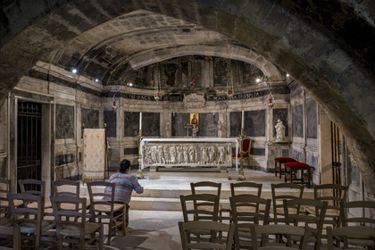 France, Bouches du Rhone, Tarascon, the royal collegiate church of Sainte-Marthe built in the 11th and 12th centuries, the 4th century crypt remodeled in the 17th century, houses  the paleochristian sarcophagus in white marble (from the beginning of the 4th century) which contains the relics of Saint Martha