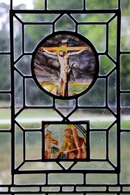 France, Indre et Loire, Loire Valley listed as World Heritage by UNESCO, Chateau d' Azay le Rideau, stained glass window of the Billancourt Salon, detail