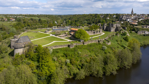 France, Vendee, Tiffauges, the castle of Tiffauges, ancient castle in ruins where Gilles de Rais resided and specialized in medieval war machines (aerial view)