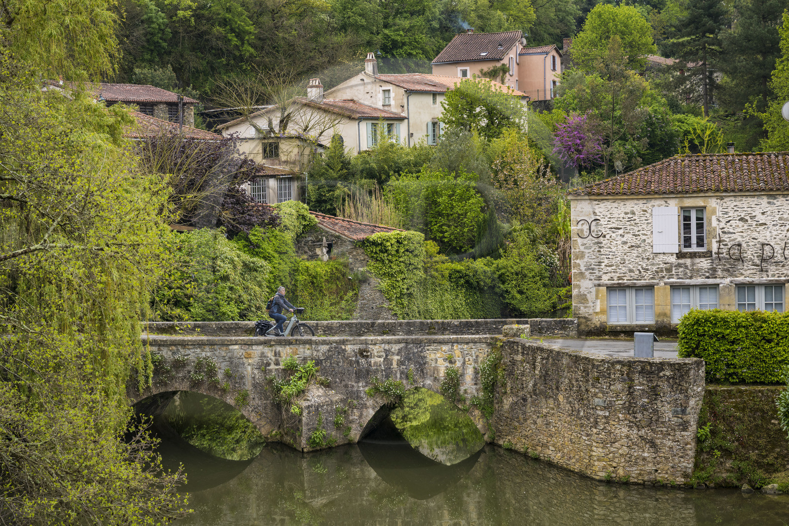 France, Vendée (85), Vouvant, labellisé Les Plus Beaux Villages de France, cycliste traversant le petit pont médiéval sur la rivière La Mère qui entoure le village