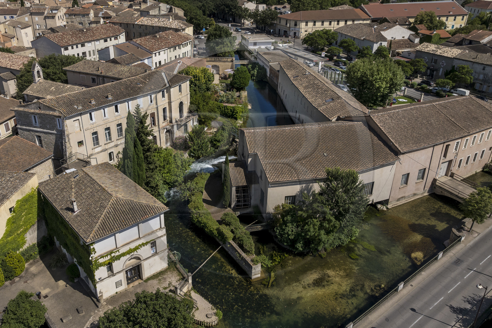 France, Vaucluse, L'Isle sur la Sorgue, Brun de Vian-Tiran Factory, wool textile industry (aerial view)