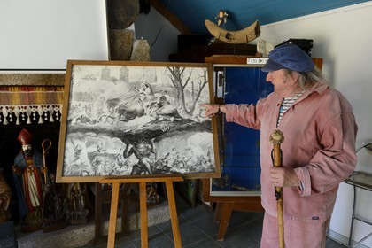 France, Finistere, Parc Naturel Regional d'Armorique (Armorica Regional Natural Park), Brennilis, Claude Le Lann shows the Ankou (personification of death in Breton mythology) at the Le Youdig Inn