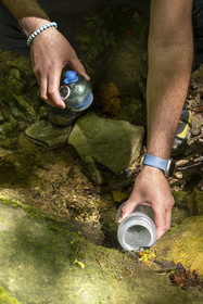 France, Vaucluse, Dentelles de Montmirail mountains, Sablet, the Trignon river overlooked by the old bridge of the ruined 7th century abbey of nuns in the Prébayon valley