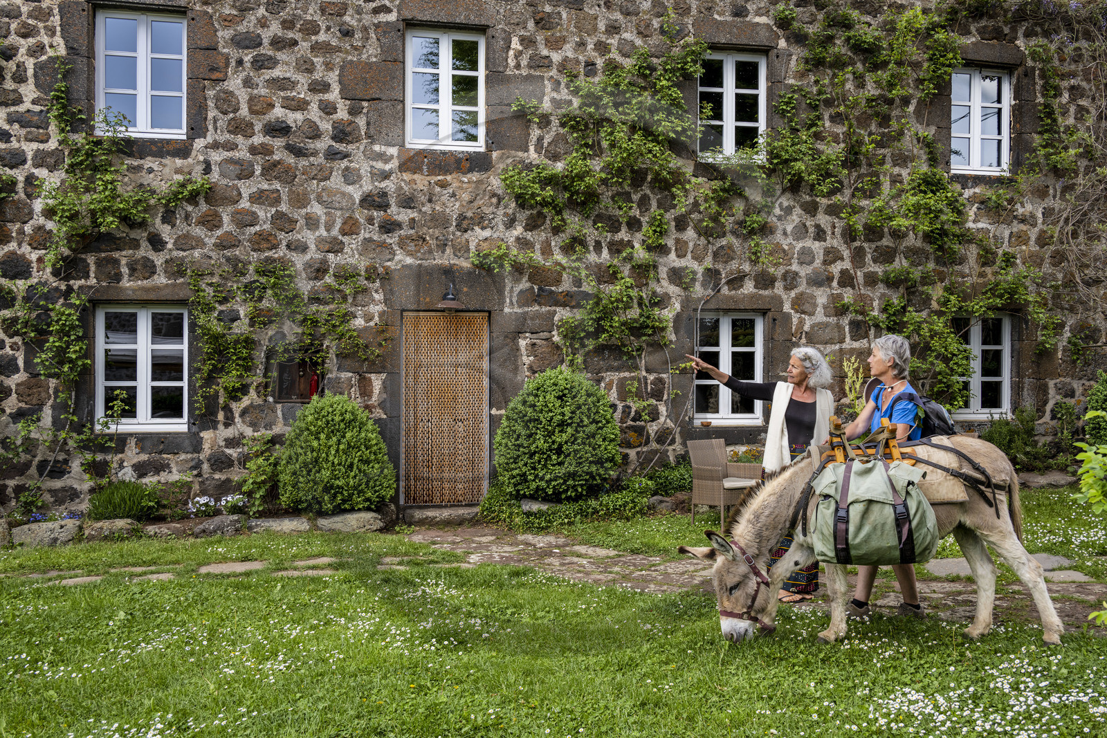 France, Haute-Loire (43), Bouchet-Saint-Nicolas, randonnée avec un âne sur le chemin de Stevenson (GR 70), Marie nous reçoit dans sa maison d'hotes Le Potala