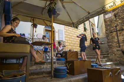 Italy, Liguria, Cinque Terre National Park listed as World Heritage by UNESCO, village of Corniglia, terrace of the Bar and Focacceria A Caneva