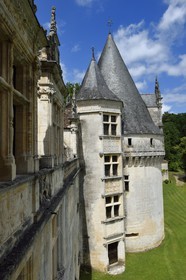 France, Dordogne, Périgord Vert, Villars, Puyguilhem castle of Renaissance style, detail of the facade