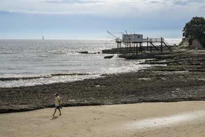 France, Charente-Maritime, Royan region, Saint Palais sur Mer, the Platin beach and traditional carrelet (fishing shack) in fishing huts in the background